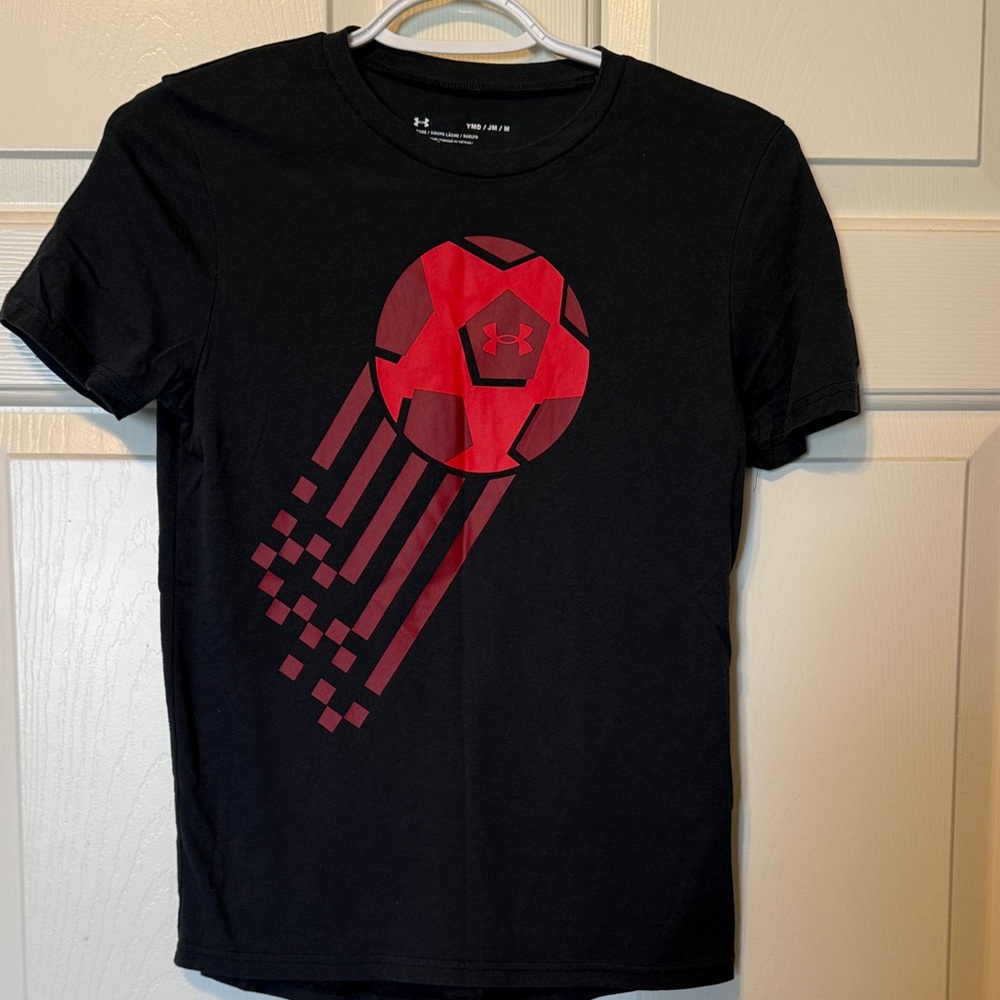 Under Armour boys size medium Black Tee with Red soccer ball